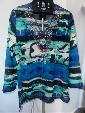 Grace Elements Beaded V-Neck Tunic in Teal, Aqua and Navy